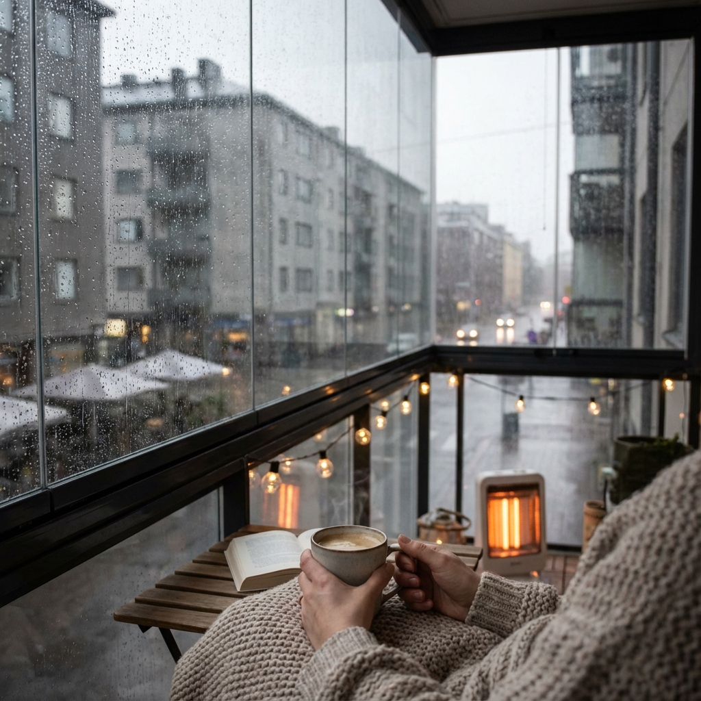 Pohľad na daždivé mesto z útulného balkóna